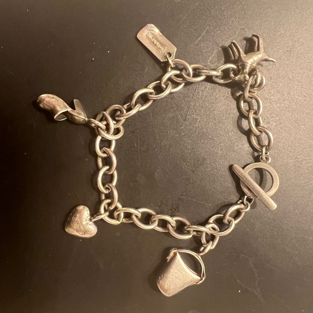 Coach Vintage Sterling Silver Charm Link Toggle Bracelet Dog Pail Heart Shoe - Picture 6 of 6